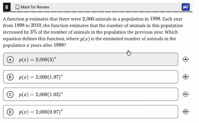 SAT Practice Test 6, Module 1, Question 8 (Nonlinear functions) as it appears in the walkthrough video