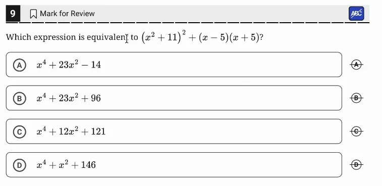 SAT Practice Test 6, Module 1, Question 9 (Equivalent expressions) as it appears in the walkthrough video