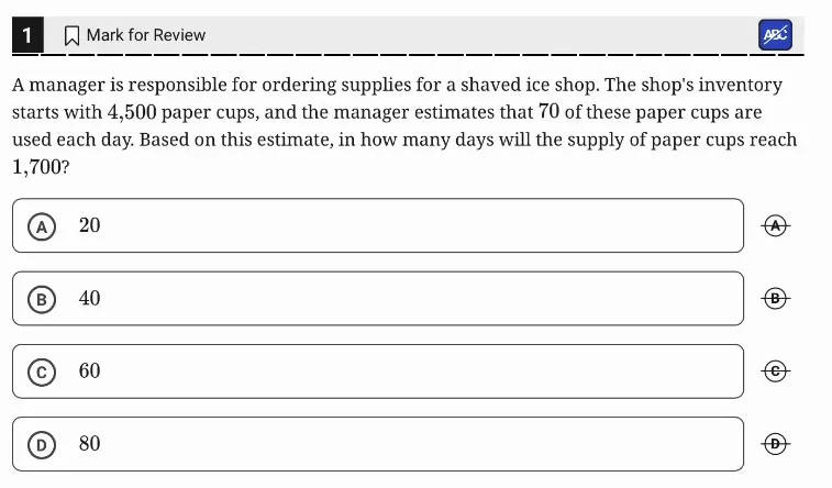 SAT Practice Test 6, Module 2, Question 1 (Linear equations in one variable) as it appears in the walkthrough video