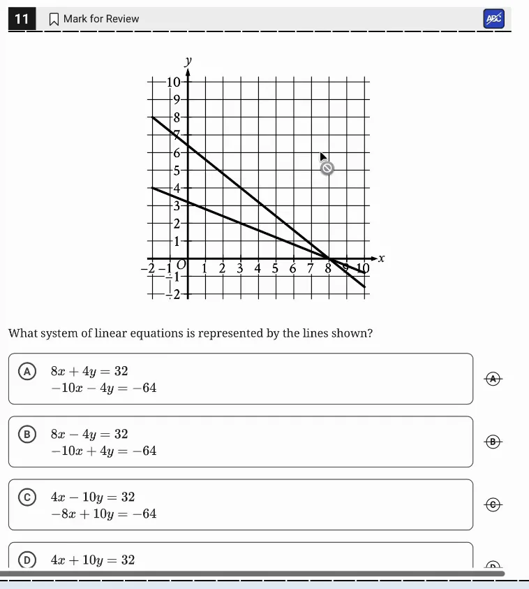 SAT Practice Test 6, Module 2, Question 11 (Systems of two linear equations in two variables) as it appears in the walkthrough video