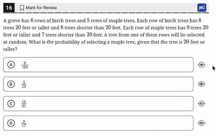 SAT Practice Test 6, Module 2, Question 16 (Probability and conditional probability) as it appears in the walkthrough video