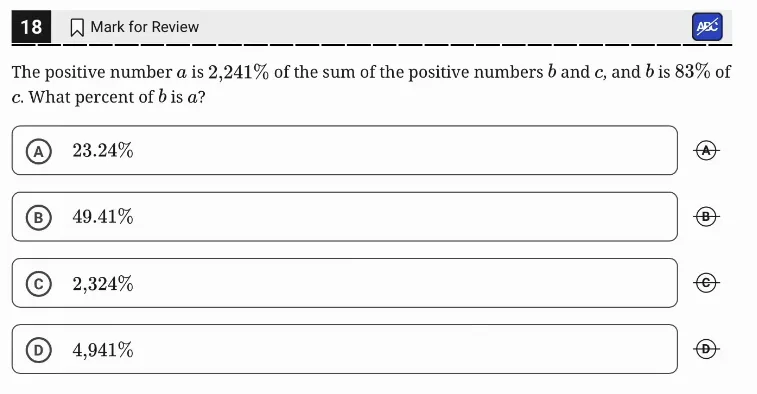 SAT Practice Test 6, Module 2, Question 18 (Percentages) as it appears in the walkthrough video