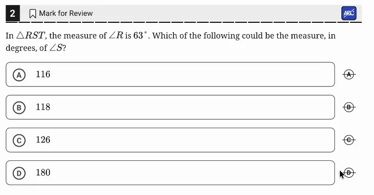 SAT Practice Test 6, Module 2, Question 2 (Lines, angles, and triangles) as it appears in the walkthrough video