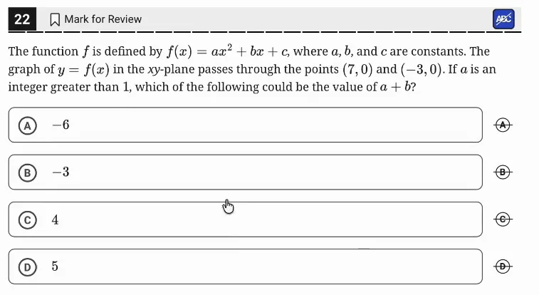 SAT Practice Test 6, Module 2, Question 22 (Nonlinear functions) as it appears in the walkthrough video