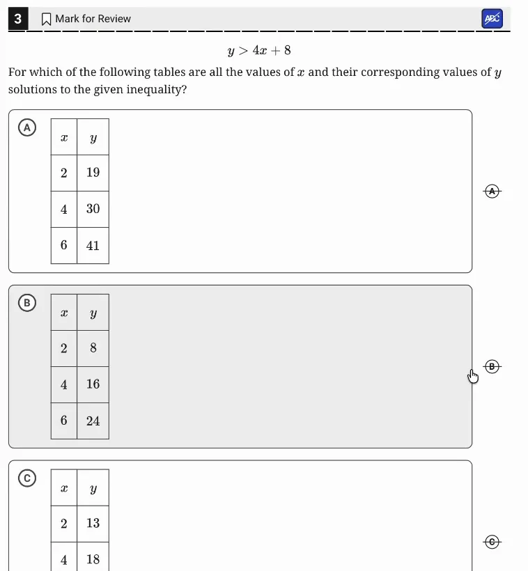 SAT Practice Test 6, Module 2, Question 3 (Linear inequalities in one or two variables) as it appears in the walkthrough video