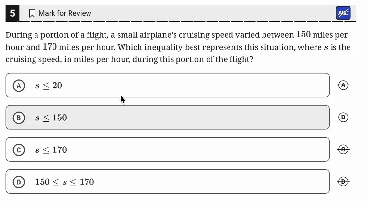 SAT Practice Test 6, Module 2, Question 5 (Linear inequalities in one or two variables) as it appears in the walkthrough video