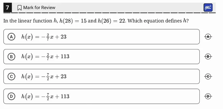 SAT Practice Test 6, Module 2, Question 7 (Linear functions) as it appears in the walkthrough video