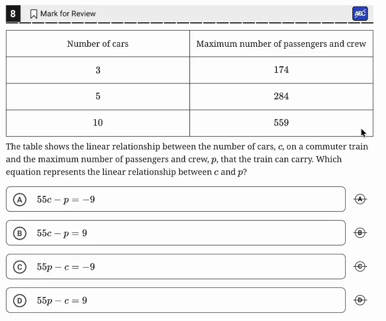 SAT Practice Test 6, Module 2, Question 8 (Linear functions) as it appears in the walkthrough video