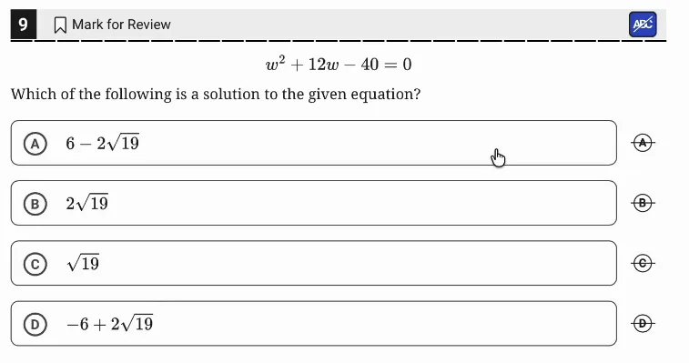 SAT Practice Test 6, Module 2, Question 9 (Nonlinear equations in one variable and systems of equations in two variables) as it appears in the walkthrough video