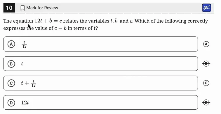 SAT Practice Test 7, Module 1, Question 10 (Nonlinear equations in one variable and systems of equations in two variables) as it appears in the walkthrough video
