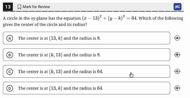 SAT Practice Test 7, Module 1, Question 13 (Circles) as it appears in the walkthrough video