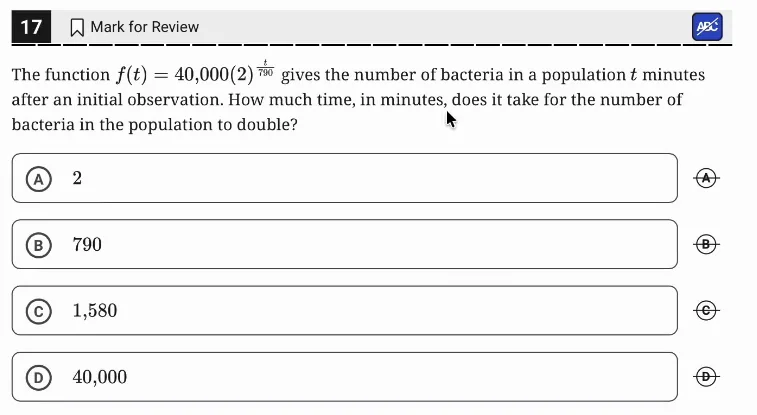 SAT Practice Test 7, Module 1, Question 17 (Nonlinear functions) as it appears in the walkthrough video