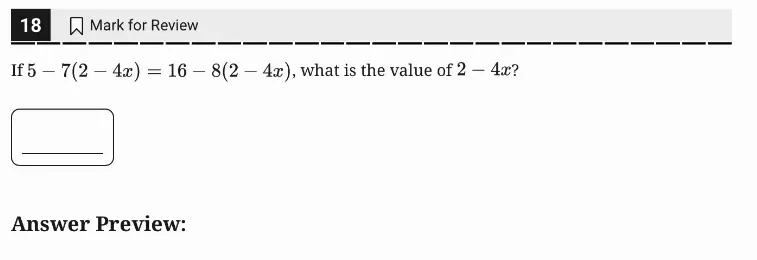 SAT Practice Test 7, Module 1, Question 18 (Linear equations in one variable) as it appears in the walkthrough video