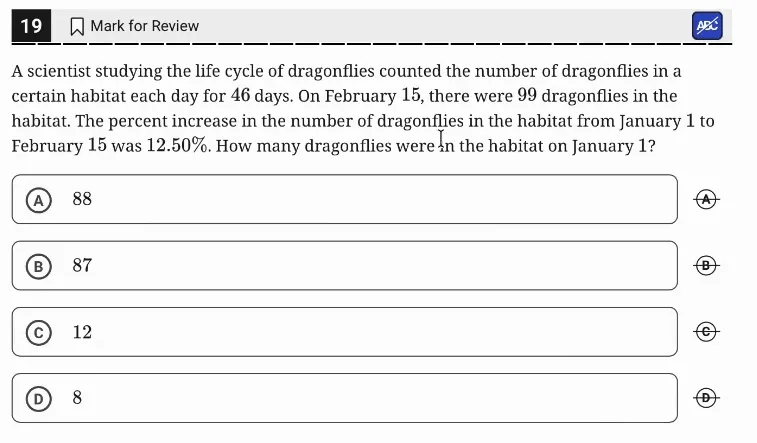 SAT Practice Test 7, Module 1, Question 19 (Percentages) as it appears in the walkthrough video