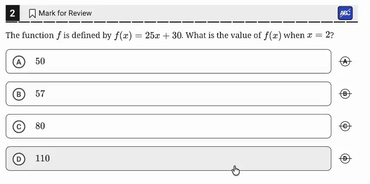 SAT Practice Test 7, Module 1, Question 2 (Linear functions) as it appears in the walkthrough video