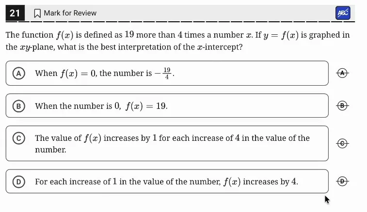 SAT Practice Test 7, Module 1, Question 21 (Linear functions) as it appears in the walkthrough video