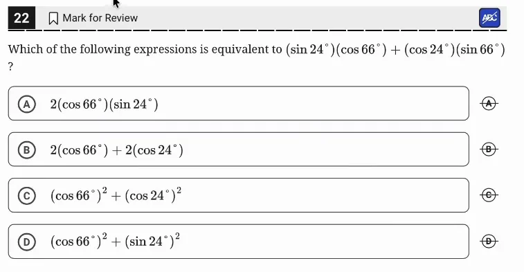 SAT Practice Test 7, Module 1, Question 22 (Right triangles and trigonometry) as it appears in the walkthrough video