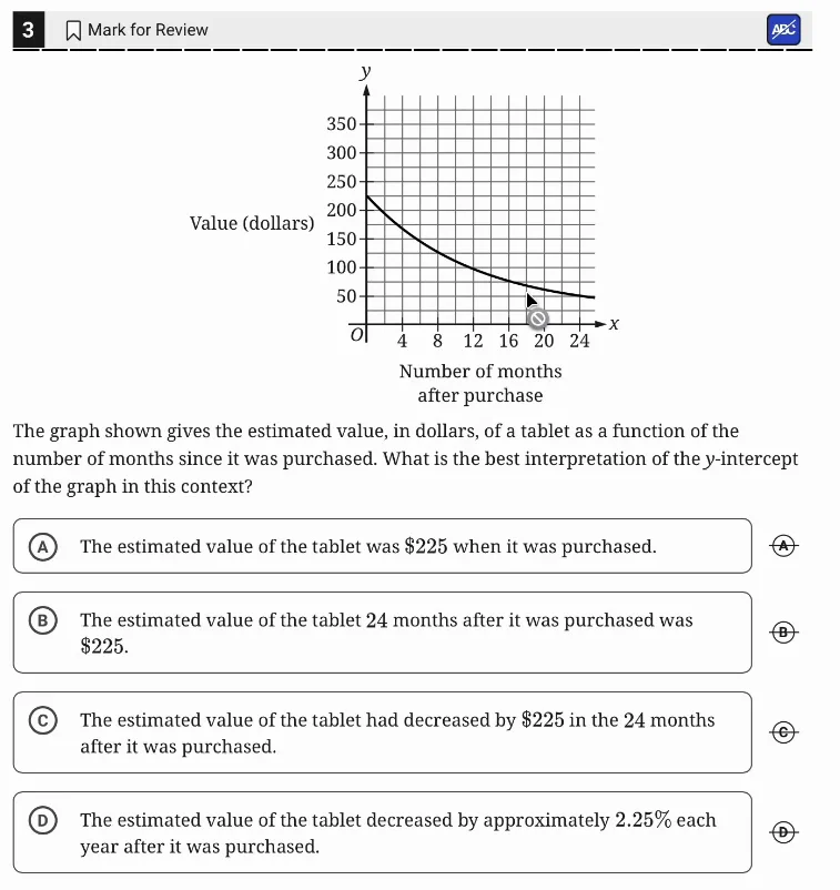 SAT Practice Test 7, Module 1, Question 3 (Nonlinear functions) as it appears in the walkthrough video