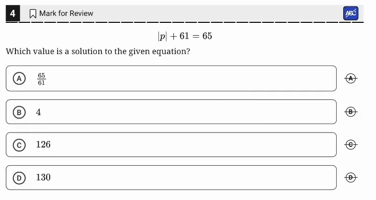SAT Practice Test 7, Module 1, Question 4 (Nonlinear equations in one variable and systems of equations in two variables) as it appears in the walkthrough video
