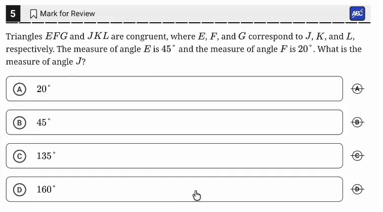 SAT Practice Test 7, Module 1, Question 5 (Lines, angles, and triangles) as it appears in the walkthrough video