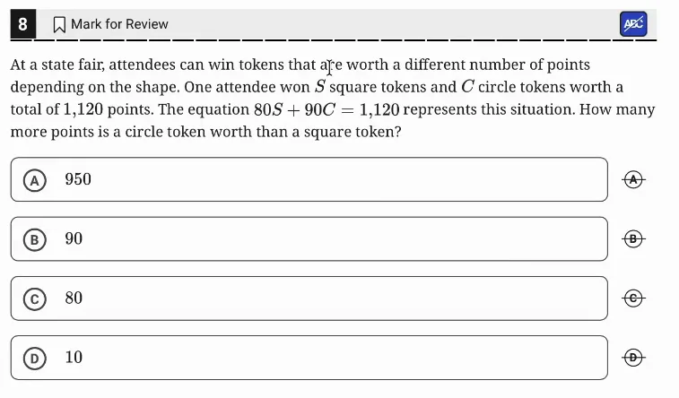 SAT Practice Test 7, Module 1, Question 8 (Linear equations in two variables) as it appears in the walkthrough video