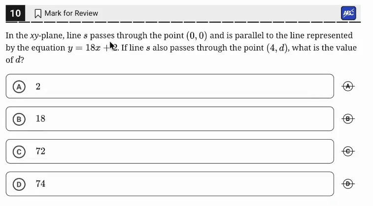SAT Practice Test 7, Module 2, Question 10 (Linear equations in two variables) as it appears in the walkthrough video