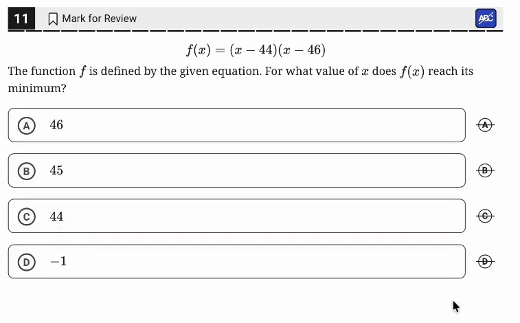 SAT Practice Test 7, Module 2, Question 11 (Nonlinear functions) as it appears in the walkthrough video