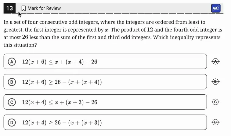SAT Practice Test 7, Module 2, Question 13 (Linear inequalities in one or two variables) as it appears in the walkthrough video