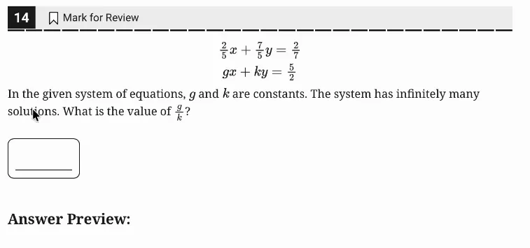 SAT Practice Test 7, Module 2, Question 14 (Systems of two linear equations in two variables) as it appears in the walkthrough video