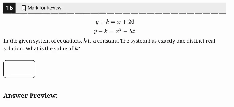 SAT Practice Test 7, Module 2, Question 16 (Nonlinear equations in one variable and systems of equations in two variables) as it appears in the walkthrough video