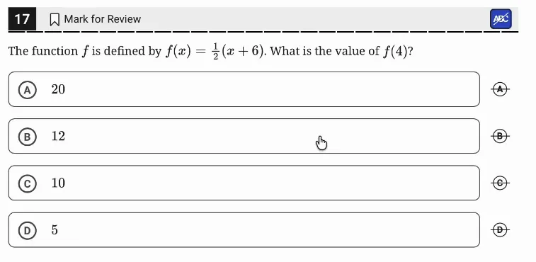 SAT Practice Test 7, Module 2, Question 17 (Linear functions) as it appears in the walkthrough video