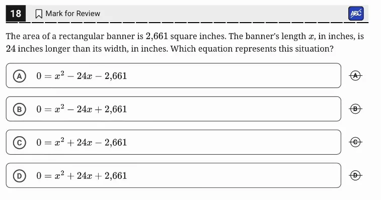 SAT Practice Test 7, Module 2, Question 18 (Nonlinear functions) as it appears in the walkthrough video