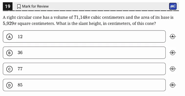 SAT Practice Test 7, Module 2, Question 19 (Area and volume) as it appears in the walkthrough video