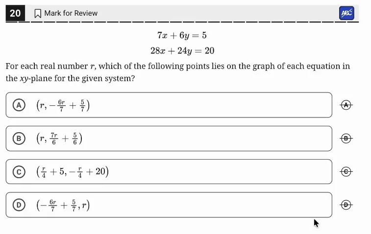SAT Practice Test 7, Module 2, Question 20 (Systems of two linear equations in two variables) as it appears in the walkthrough video