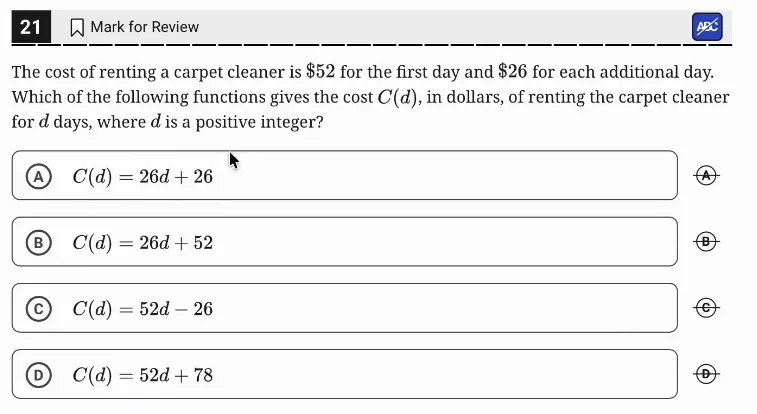 SAT Practice Test 7, Module 2, Question 21 (Linear functions) as it appears in the walkthrough video