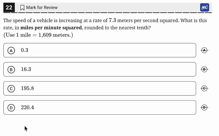 SAT Practice Test 7, Module 2, Question 22 (Ratios, rates, proportional relationships, and units) as it appears in the walkthrough video