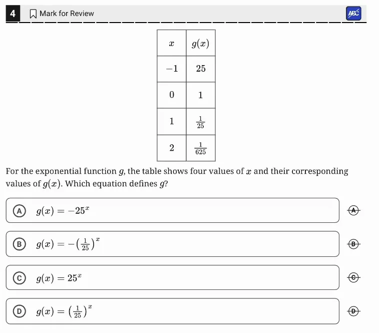 SAT Practice Test 7, Module 2, Question 4 (Nonlinear functions) as it appears in the walkthrough video