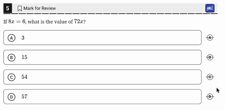 SAT Practice Test 7, Module 2, Question 5 (Linear equations in one variable) as it appears in the walkthrough video