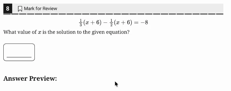 SAT Practice Test 7, Module 2, Question 8 (Linear equations in one variable) as it appears in the walkthrough video