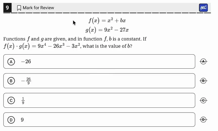SAT Practice Test 7, Module 2, Question 9 (Equivalent expressions) as it appears in the walkthrough video