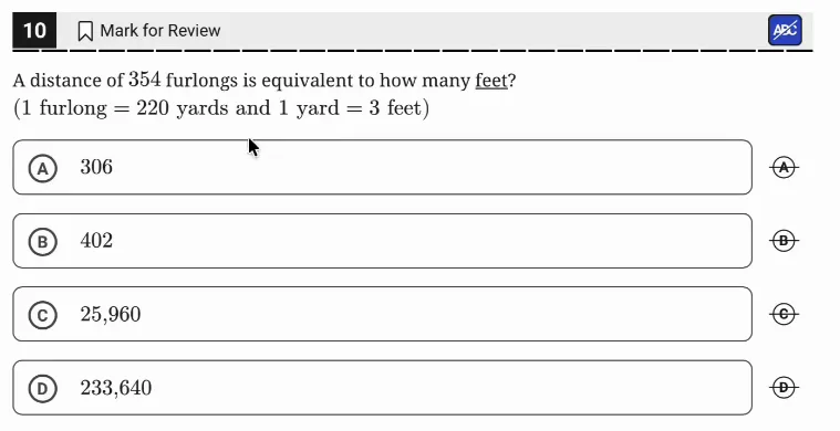SAT Practice Test 8, Module 1, Question 10 (Ratios, rates, proportional relationships, and units) as it appears in the walkthrough video
