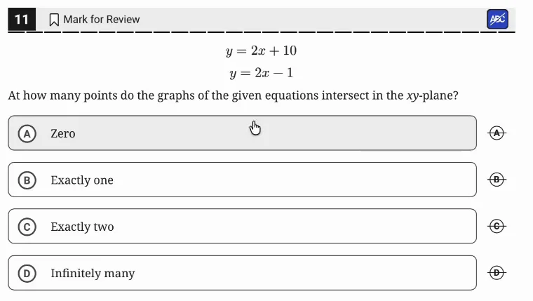 SAT Practice Test 8, Module 1, Question 11 (Systems of two linear equations in two variables) as it appears in the walkthrough video
