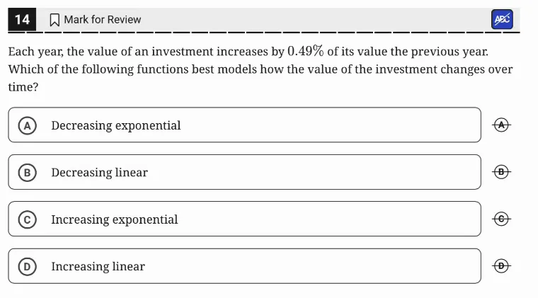 SAT Practice Test 8, Module 1, Question 14 (Two-variable data: models and scatterplots) as it appears in the walkthrough video