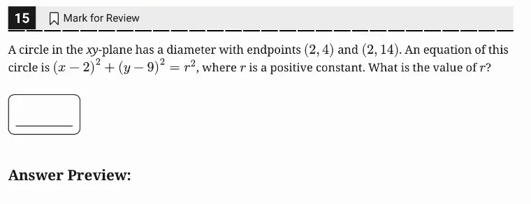 SAT Practice Test 8, Module 1, Question 15 (Circles) as it appears in the walkthrough video