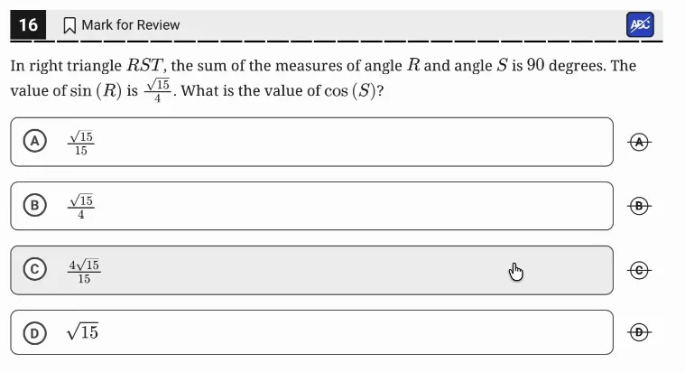 SAT Practice Test 8, Module 1, Question 16 (Right triangles and trigonometry) as it appears in the walkthrough video