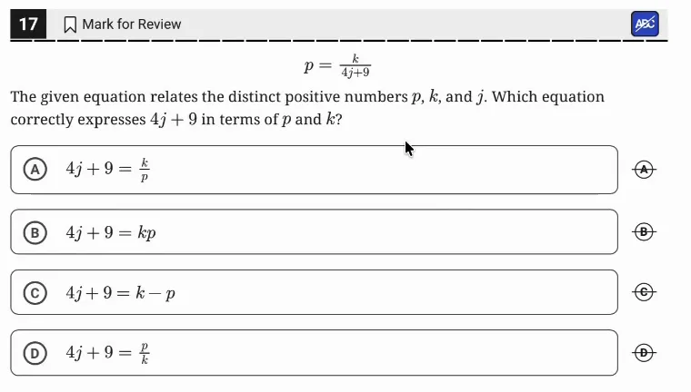 SAT Practice Test 8, Module 1, Question 17 (Nonlinear equations in one variable and systems of equations in two variables) as it appears in the walkthrough video