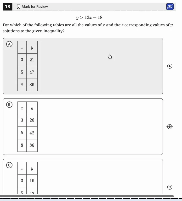 SAT Practice Test 8, Module 1, Question 18 (Linear inequalities in one or two variables) as it appears in the walkthrough video
