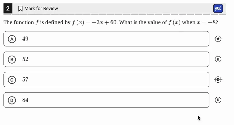 SAT Practice Test 8, Module 1, Question 2 (Linear functions) as it appears in the walkthrough video