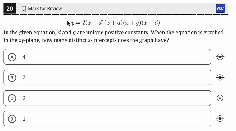 SAT Practice Test 8, Module 1, Question 20 (Nonlinear functions) as it appears in the walkthrough video
