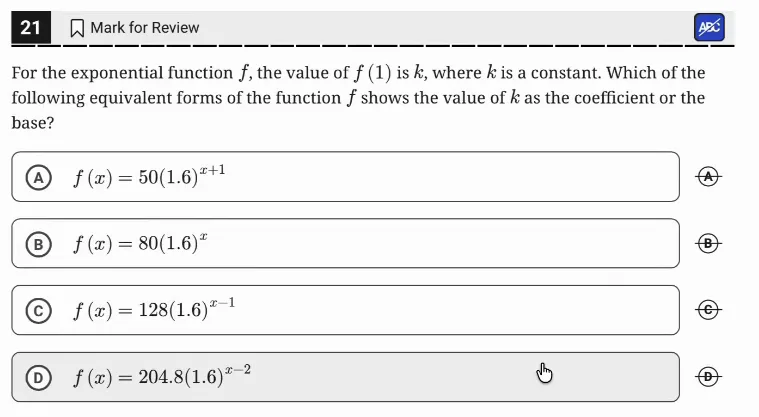SAT Practice Test 8, Module 1, Question 21 (Nonlinear functions) as it appears in the walkthrough video